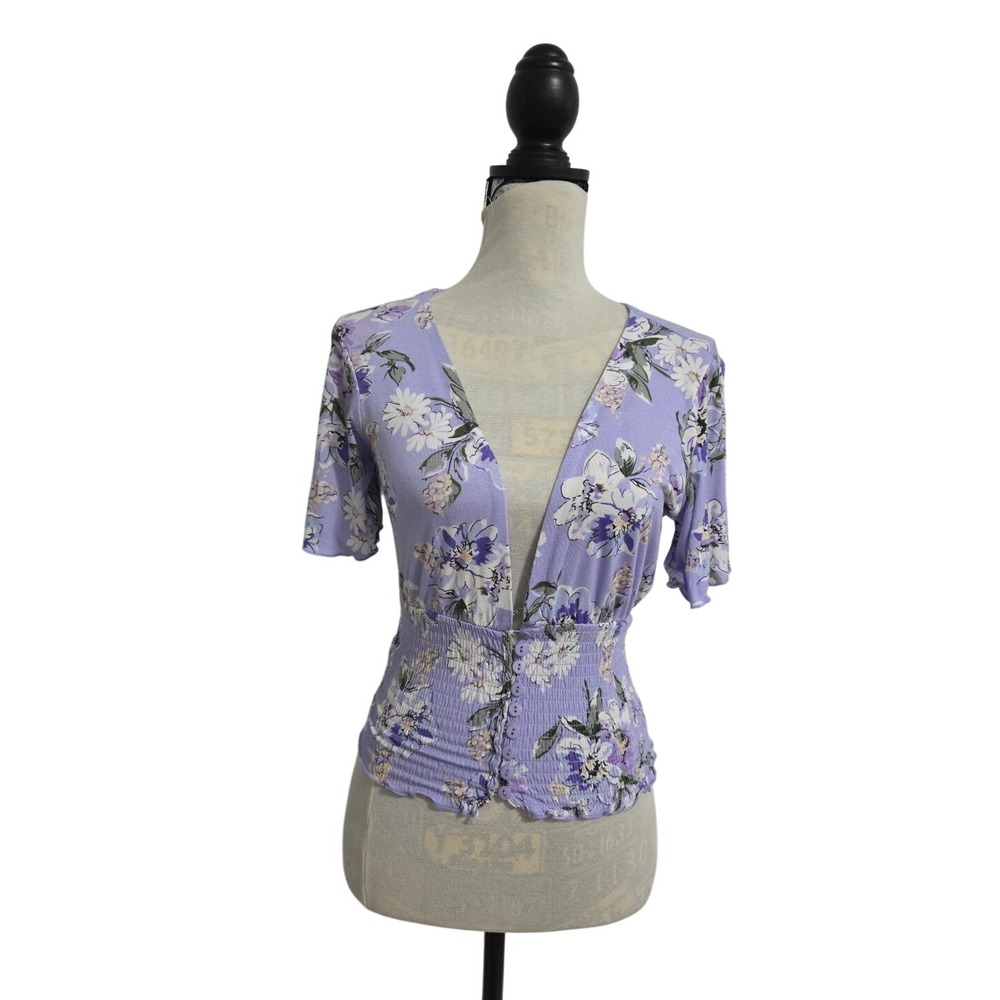 Forever 21 Womens Lavender Floral Smocked Waist V-Neck Flutter Sleeve Top S